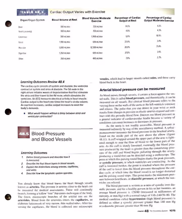 Textbook p. 1075: Table 48.2 cardiac output vs exercise; Learning Outcomes Review 48.4; 48.5 Blood Pressure and Blood Vessels intro; arterial BP measurement